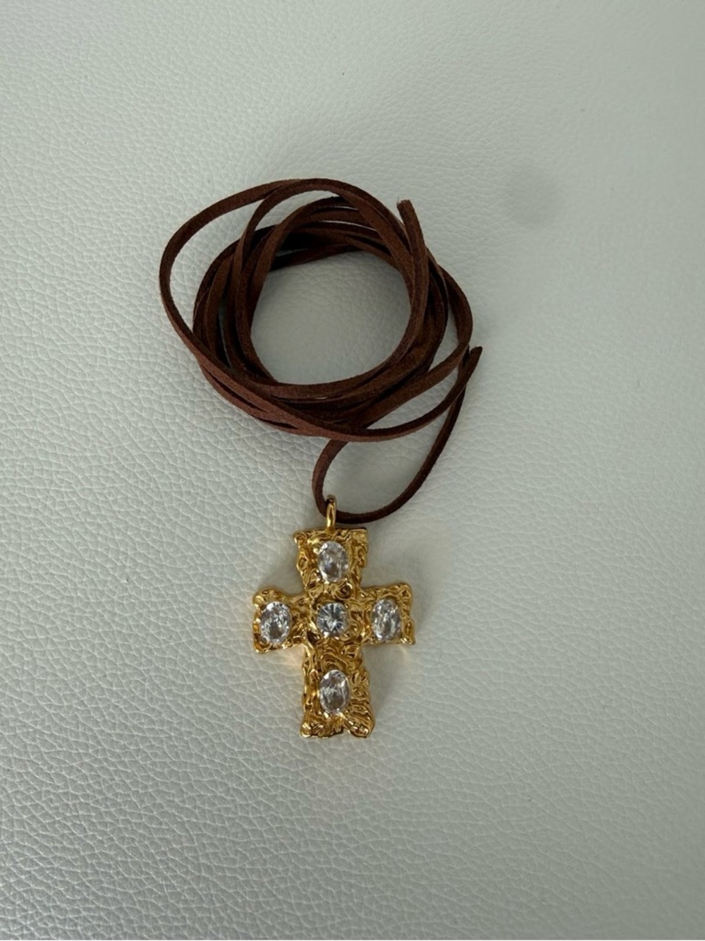 Gold-tone Crystal Cross Pendant on Brown Suede Cord